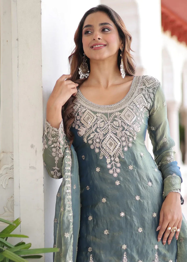 Grey Embroidered Sharara Suit