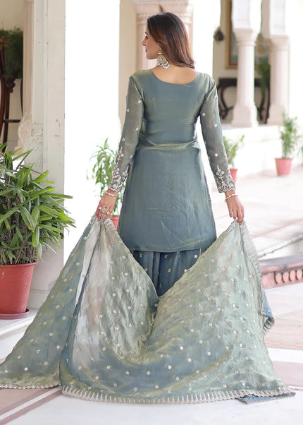 Grey Embroidered Sharara Suit