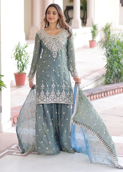 Grey Embroidered Sharara Suit