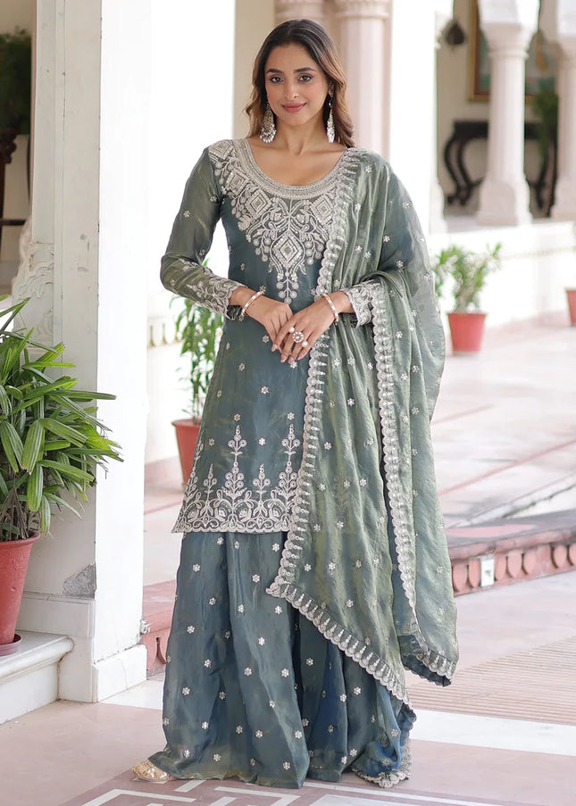 Grey Embroidered Sharara Suit