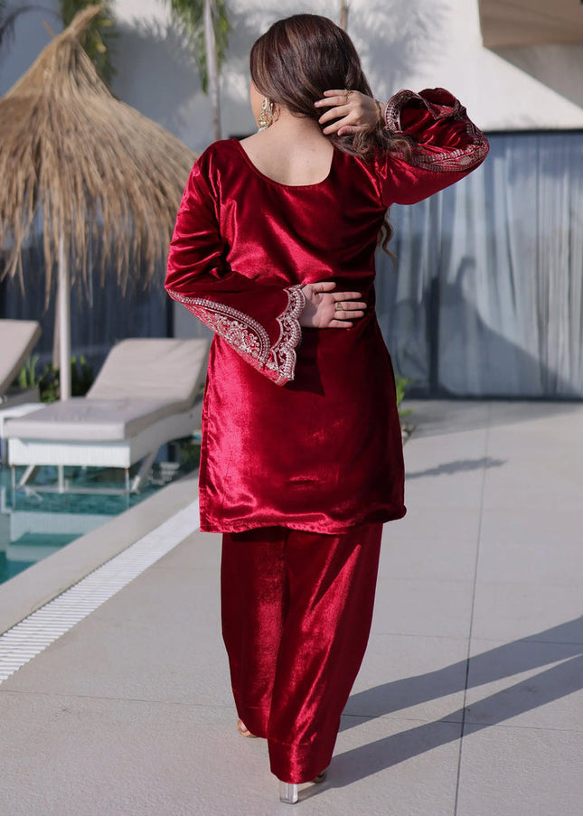 Red Embroidered Pant Style Suit
