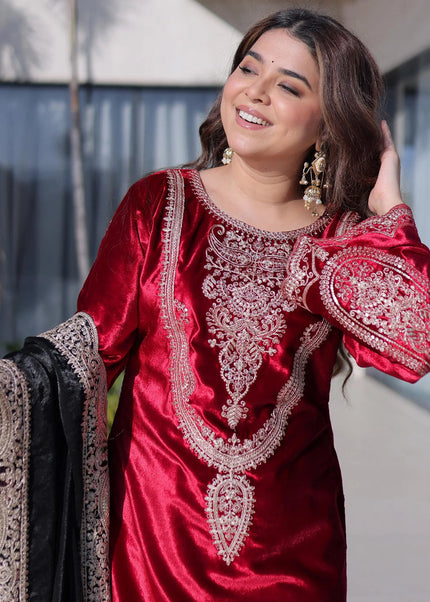 Red Embroidered Pant Style Suit