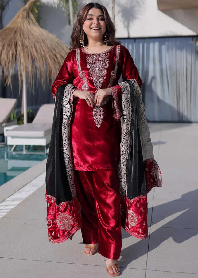 Red Embroidered Pant Style Suit