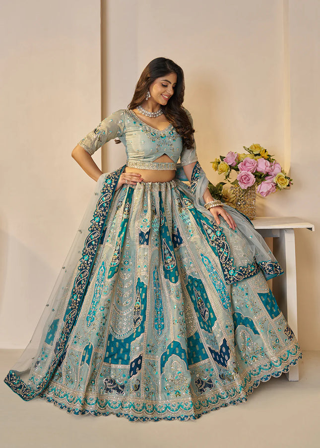 Sky Blue Embroidered Lehenga Choli