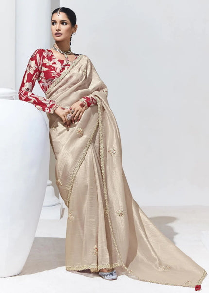 Beige and Maroon Embroidered Festive Saree