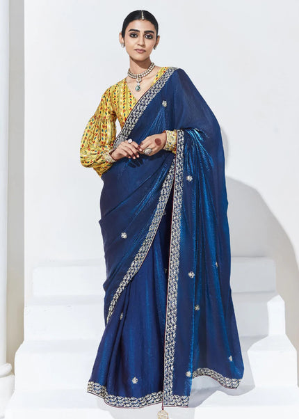 Navy Blue and Yellow Embroidered Festive Saree