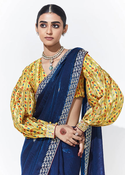 Navy Blue and Yellow Embroidered Festive Saree