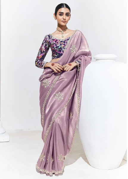 Pink and Navy Blue Embroidered Festive Saree