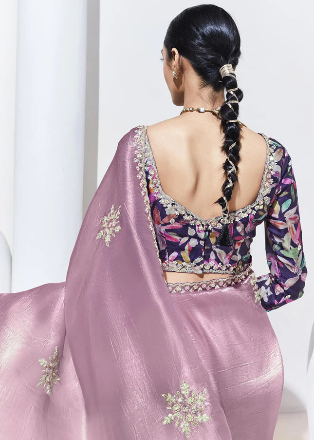 Pink and Navy Blue Embroidered Festive Saree