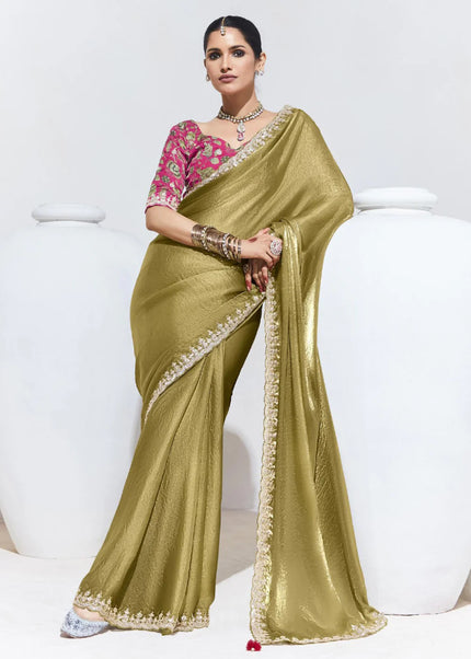 Green and Pink Embroidered Festive Saree