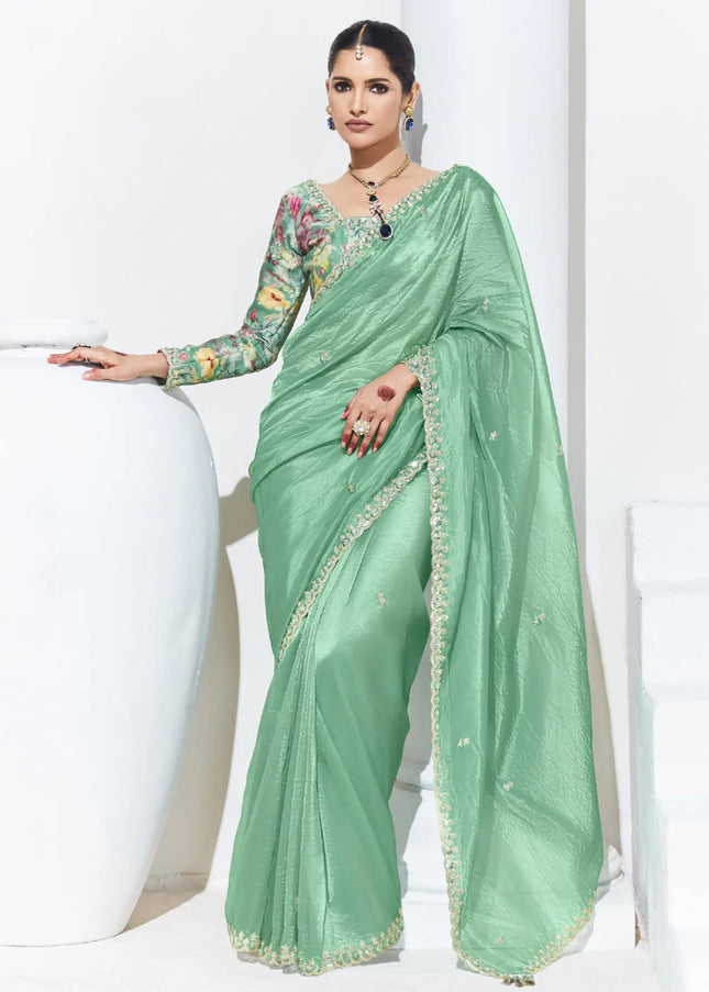 Sea Green Embroidered Festive Saree