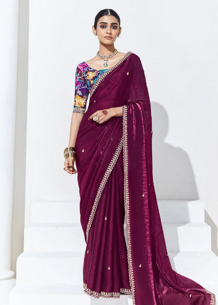 Maroon and Sky Blue Embroidered Festive Saree