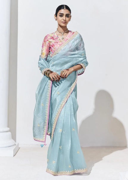 Sky Blue and Pink Embroidered Festive Saree