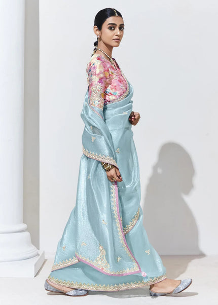 Sky Blue and Pink Embroidered Festive Saree