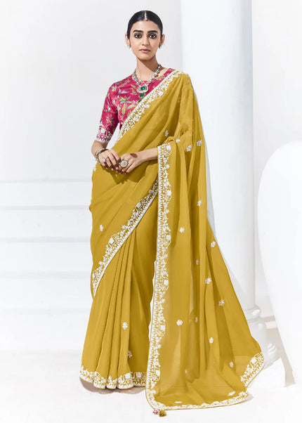 Mustard and Pink Embroidered Festive Saree