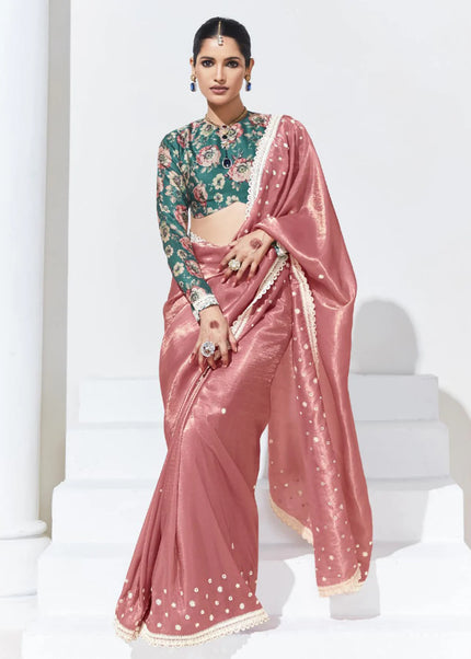 Peach and Teal Embroidered Festive Saree