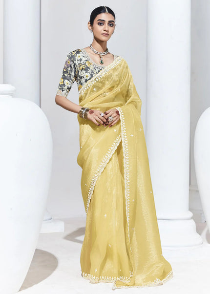 Yellow and Grey Embroidered Festive Saree