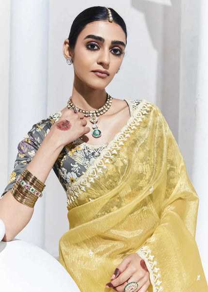 Yellow and Grey Embroidered Festive Saree