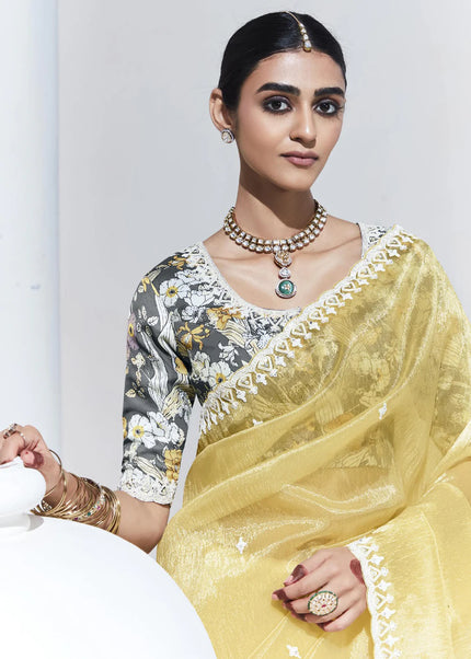 Yellow and Grey Embroidered Festive Saree