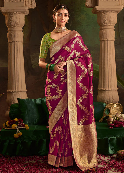 Pink and Green Embroidered Wedding Saree