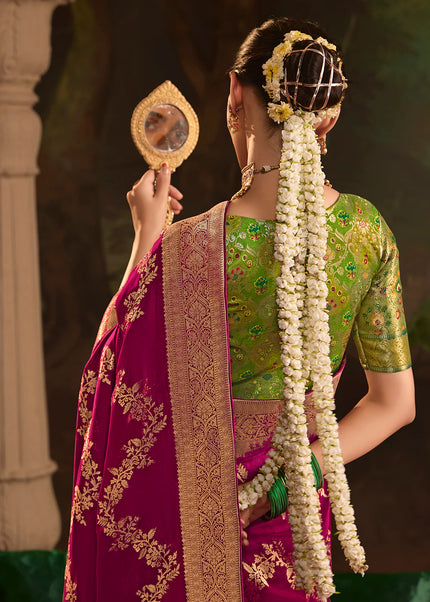 Pink and Green Embroidered Wedding Saree