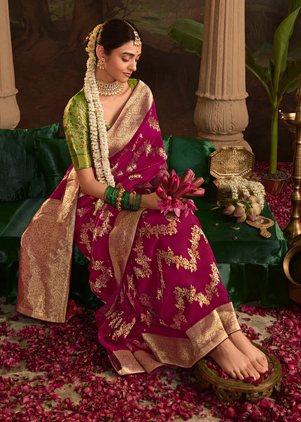 Pink and Green Embroidered Wedding Saree