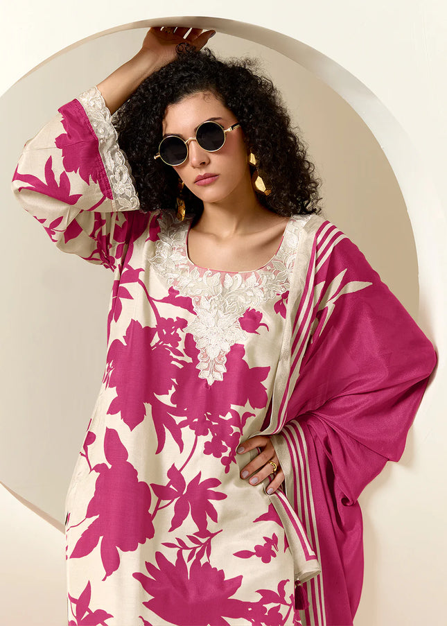 Offwhite and Pink Printed and Embroidered Pant Syle Suit