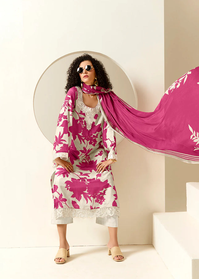 Offwhite and Pink Printed and Embroidered Pant Syle Suit