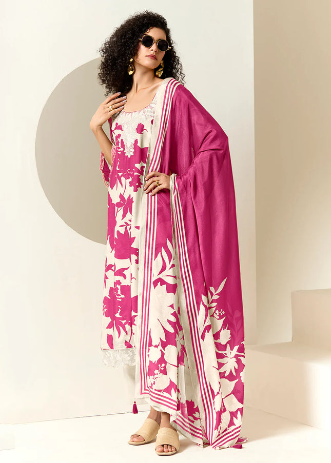 Offwhite and Pink Printed and Embroidered Pant Syle Suit