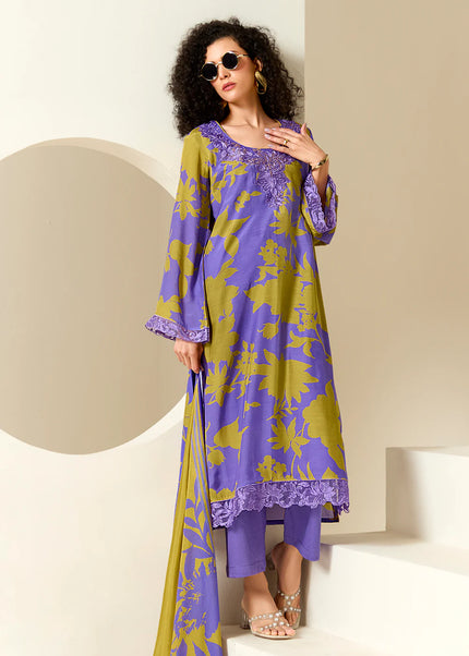 Purple and Green Printed and Embroidered Pant Syle Suit