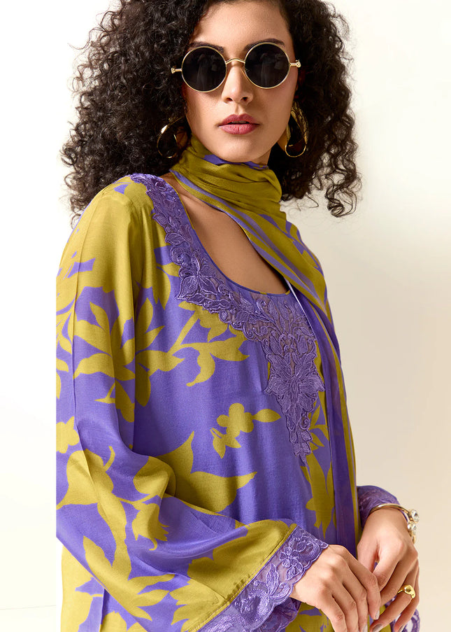 Purple and Green Printed and Embroidered Pant Syle Suit