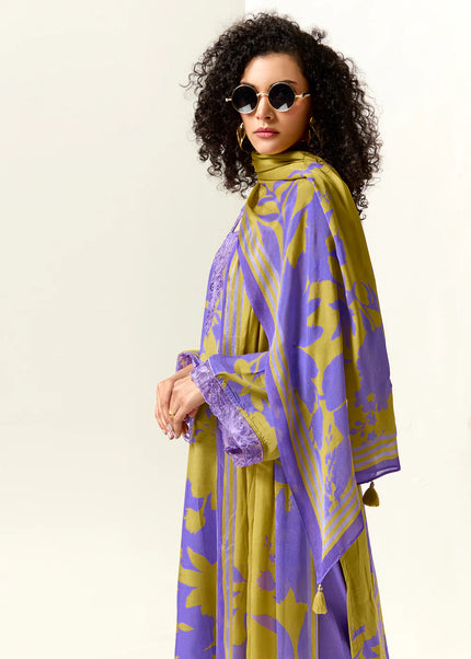 Purple and Green Printed and Embroidered Pant Syle Suit