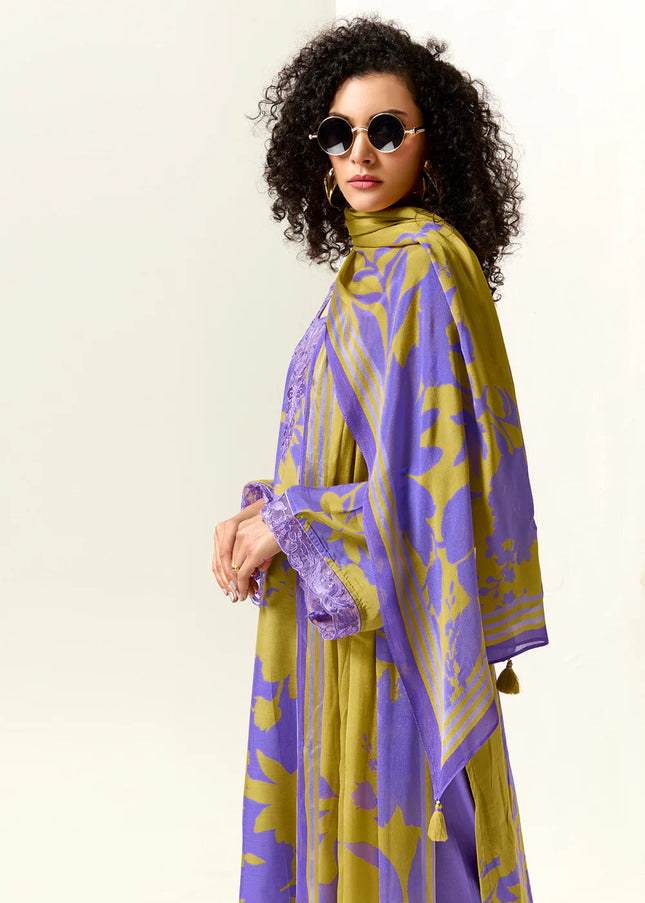 Purple and Green Printed and Embroidered Pant Syle Suit