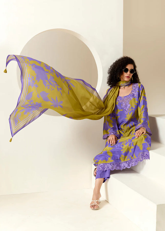 Purple and Green Printed and Embroidered Pant Syle Suit