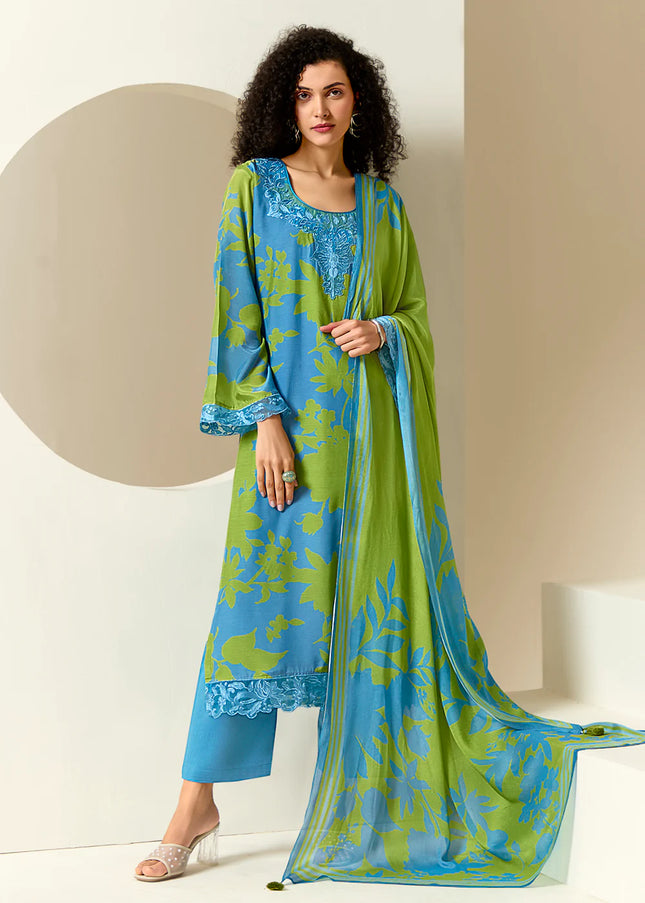 Blue and Green Printed and Embroidered Pant Syle Suit