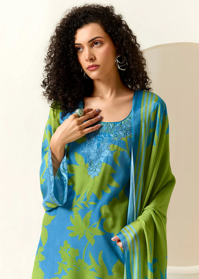 Blue and Green Printed and Embroidered Pant Syle Suit