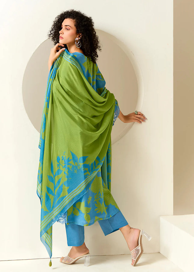 Blue and Green Printed and Embroidered Pant Syle Suit