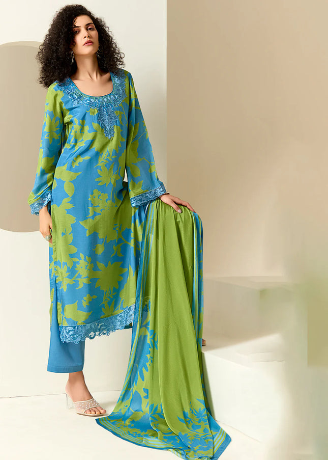 Blue and Green Printed and Embroidered Pant Syle Suit