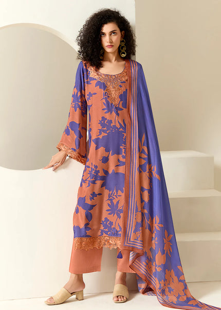 Peach and Purple Printed and Embroidered Pant Syle Suit