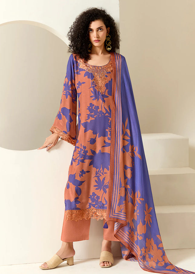Peach and Purple Printed and Embroidered Pant Syle Suit