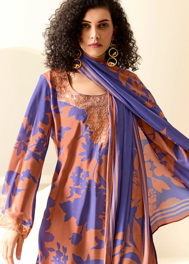 Peach and Purple Printed and Embroidered Pant Syle Suit