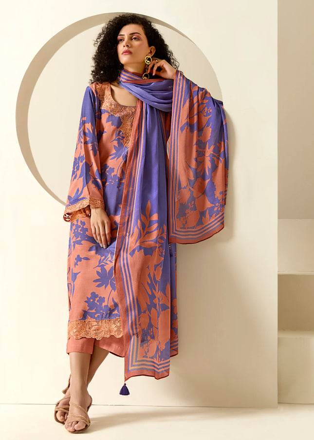 Peach and Purple Printed and Embroidered Pant Syle Suit