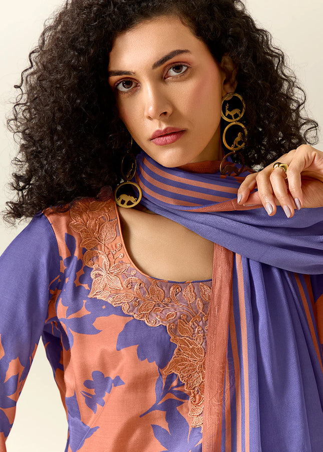 Peach and Purple Printed and Embroidered Pant Syle Suit