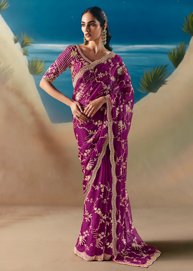 Purple Embroidered Festive Saree
