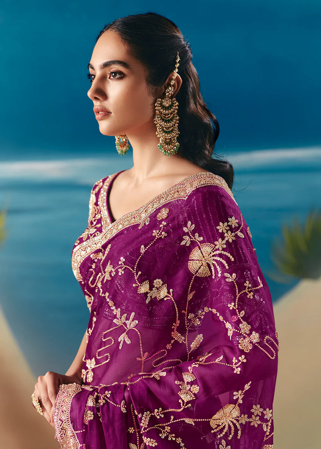 Purple Embroidered Festive Saree