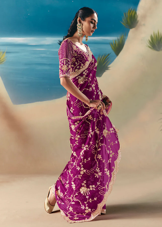 Purple Embroidered Festive Saree