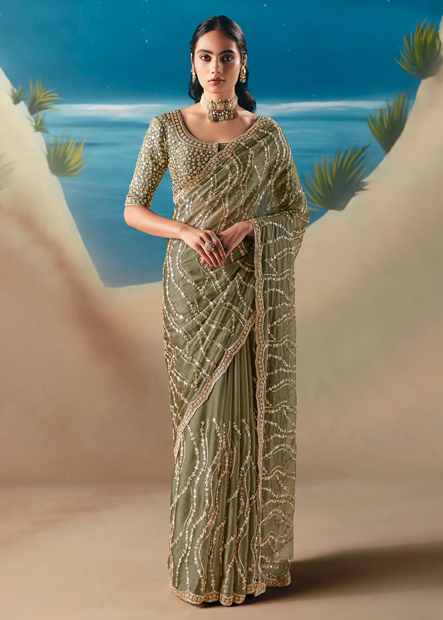 Sea Green Embroidered Festive Saree