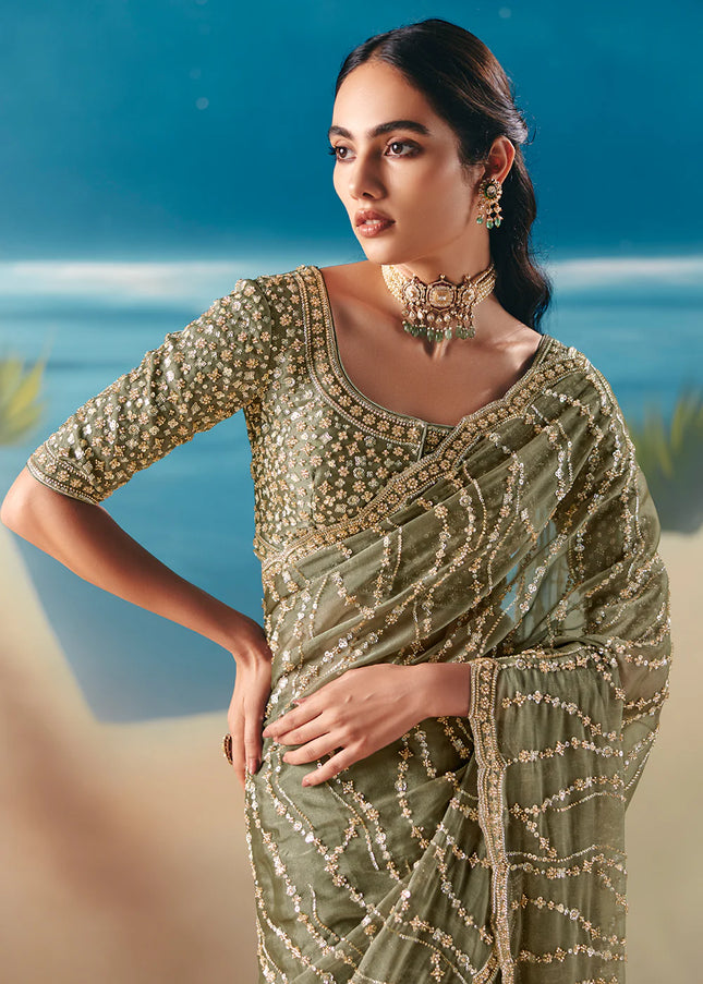 Sea Green Embroidered Festive Saree
