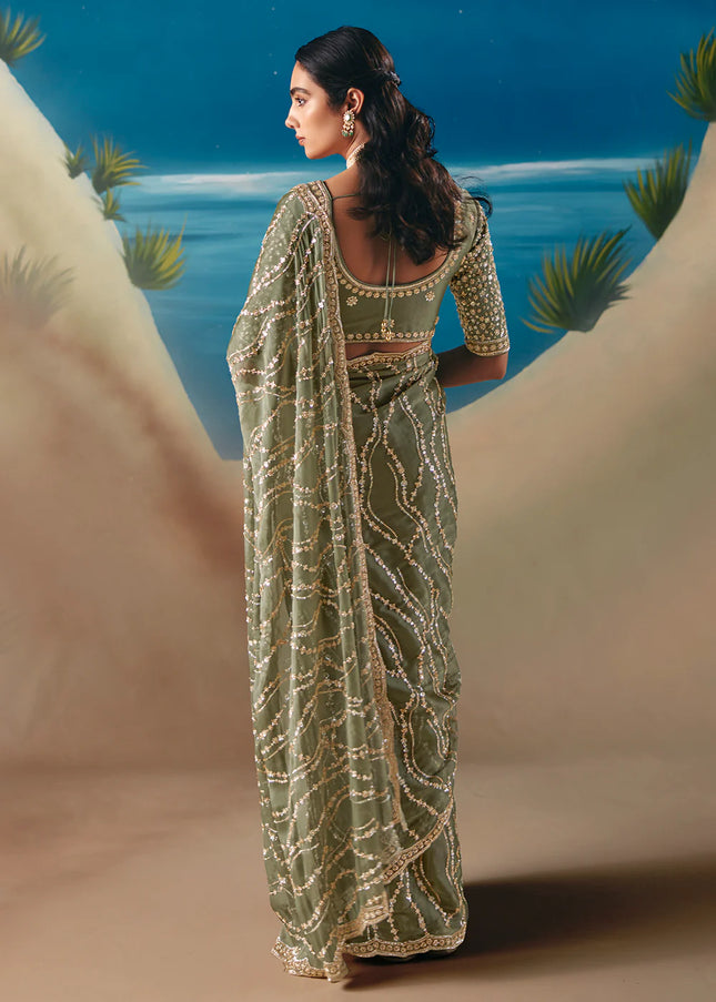 Sea Green Embroidered Festive Saree