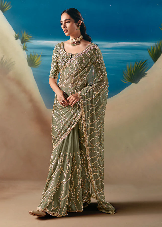 Sea Green Embroidered Festive Saree